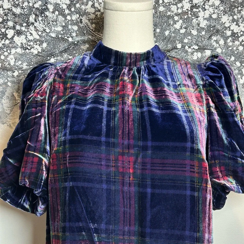 Boden Velvet Plaid Puff Sleeve Top - Navy, Red & Green size US 4 UK 8